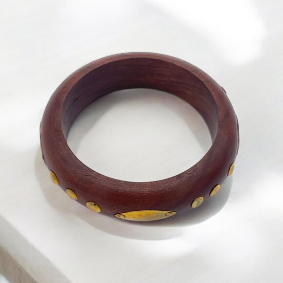 Handcrafted Boho Wooden Bangle with Brass Stud Accents - Natural Dark Wood State - Picture 3 of 4